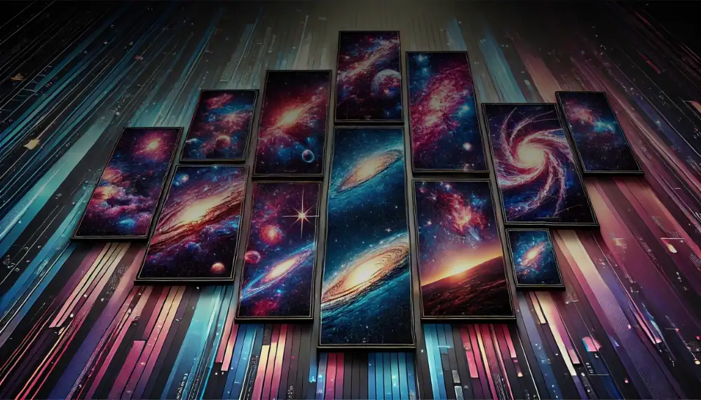 Mosaik av mobiltelefoner som visar bilder av galaxer och stjärnor, vilket skapar en immersiv kosmisk scen.