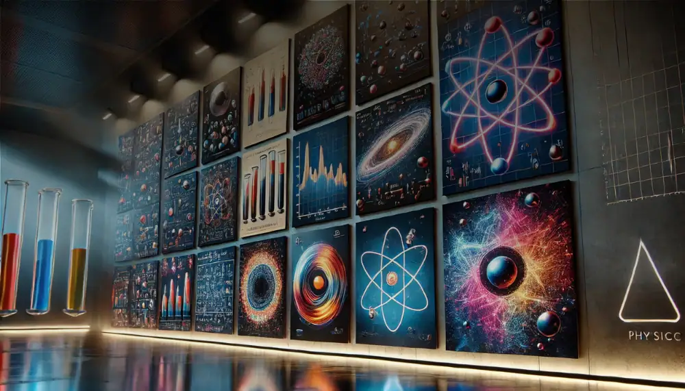 Affischvägg med illustrationer av vetenskapliga koncept, inklusive atomer, galaxer och experiment, i en vetenskaplig inredningsbutik.
