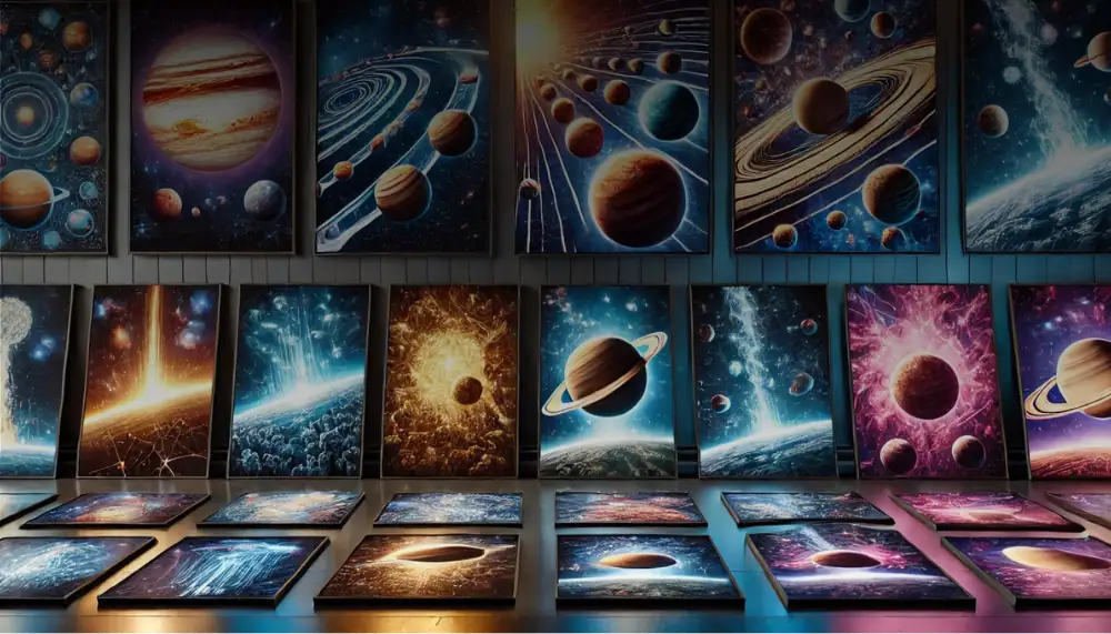 Samling av illustrationer av planeter, galaxer och kosmiska fenomen, perfekta för vetenskaplig och pedagogisk dekoration.