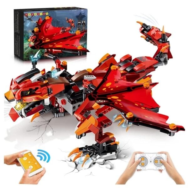 LEGO-drakmodell i röd färg med rörliga vingar, klor och realistiska detaljer, fjärrstyrd, perfekt för vetenskaps- och dekorationentusiaster.