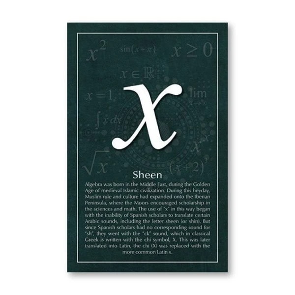 Illustration av symbolen "x" inom matematik med förklaring av dess ursprung och användning i olika kulturer och vetenskapliga discipliner.