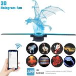 3D-drake hologram projicerad av en holografisk fläkt, kontrollerbar via en mobilapp kompatibel med iOS och Android.
