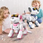 Utbildningsrobot för barn med interaktiv ansiktsdisplay och beröringssensorer, designad för att stimulera lärande och underhållning för små barn genom interaktiva aktiviteter.