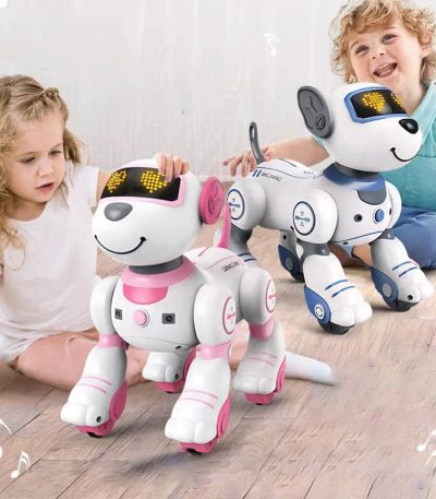 Utbildningsrobot för barn med interaktiv ansiktsdisplay och beröringssensorer, designad för att stimulera lärande och underhållning för små barn genom interaktiva aktiviteter.