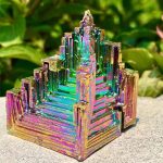 Dekorativ metallbit med iriserande yta, inspirerad av en pyramidformad geometrisk struktur, med färgade reflektioner, placerad på en stenig yta utomhus.