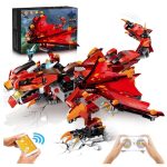 LEGO-drakmodell i röd färg med rörliga vingar, fjärrstyrd, perfekt för vetenskaps- och dekorationentusiaster.