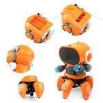 Utbildningsrobot i orange med rörliga armar och hjul, idealisk för lekfullt lärande av robotik och programmering för barn.