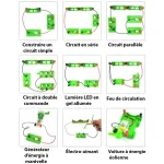 Utbildningskit för att bygga olika enkla elektriska kretsar, i serie, parallellt, med dubbelkontroll, med LED, generator, elektromagnet och vindkraftbil.