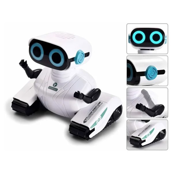 Programmerbar utbildningsrobot för barn med LED-skärm och rörliga armar, idealisk för att lära sig robotik och programmering på ett lekfullt sätt.