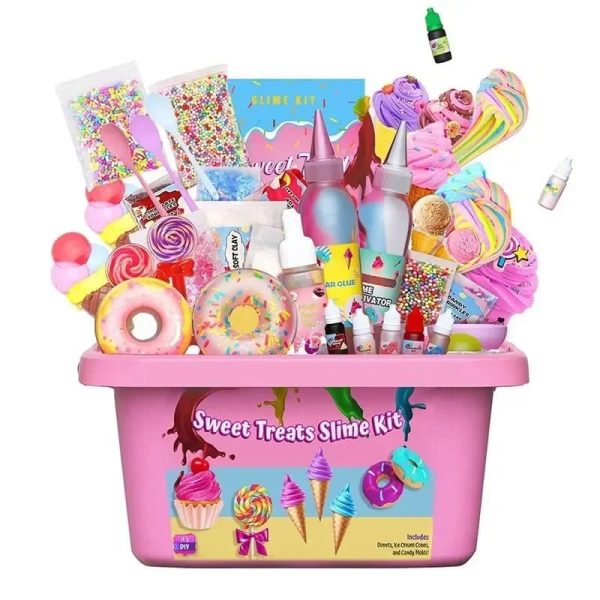 Sött slime-kit för barn med godis, glasyr, glitter och färgglada tillbehör för att skapa roliga och läckra slime. Perfekt för kreativa och lekfulla aktiviteter.