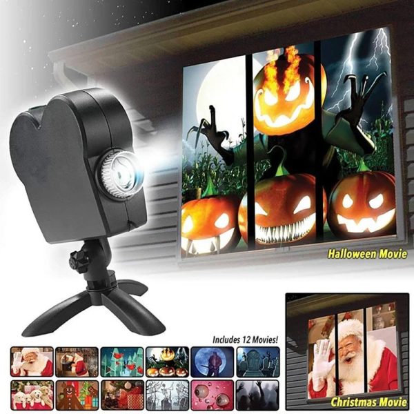 Projektor med Halloween- och jul-effekter, som visar skrämmande och festliga bilder för att skapa en uppslukande atmosfär.