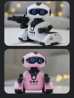 Vit och svart programmerbar utbildningsrobot med vapen, utformad för att lära sig robotik och programmering, idealisk för barn och teknikentusiaster.