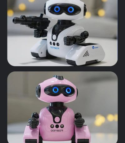 Vit och svart programmerbar utbildningsrobot med vapen, utformad för att lära sig robotik och programmering, idealisk för barn och teknikentusiaster.