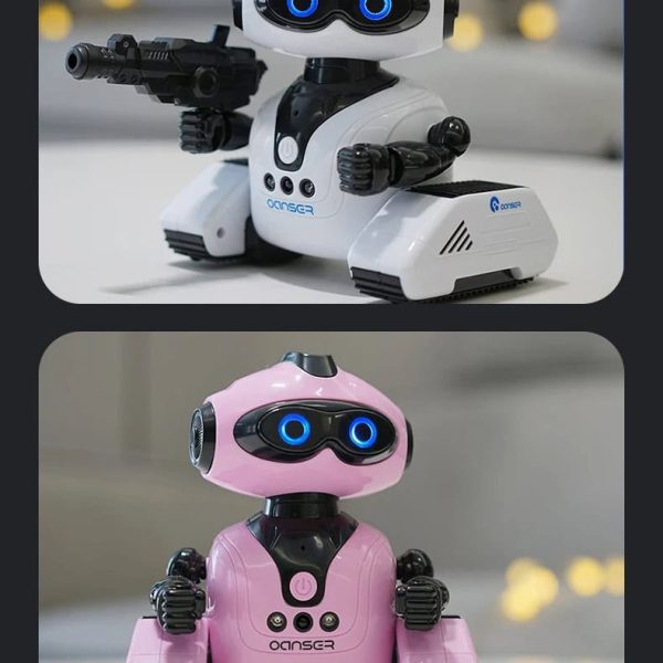Vit och svart programmerbar utbildningsrobot med vapen, utformad för att lära sig robotik och programmering, idealisk för barn och teknikentusiaster.