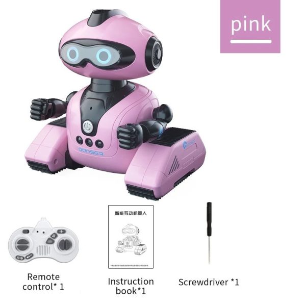 Rosa utbildningsrobot för barn med fjärrkontroll, bruksanvisning och skruvmejsel för att montera denna interaktiva och pedagogiska robot, perfekt för att stimulera den vetenskapliga nyfikenheten hos unga.