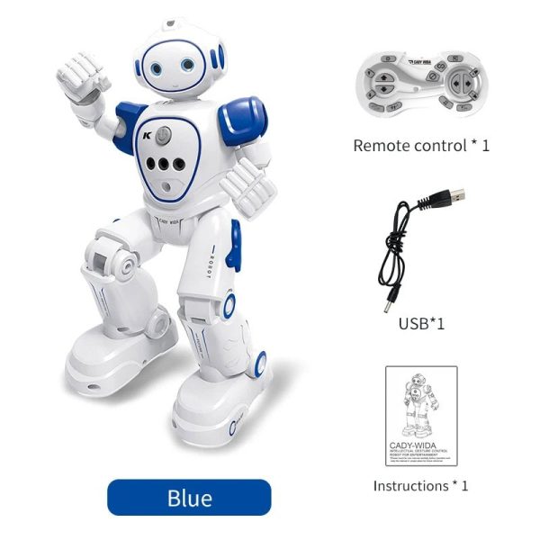 Programmerbar utbildningsrobot med fjärrkontroll, USB-kabel och inkluderade instruktioner.