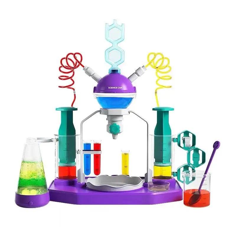 Vetenskapligt experimentkit för barn med provrör, pipetter och färgade ämnen, perfekt för att upptäcka kemi på ett roligt sätt.