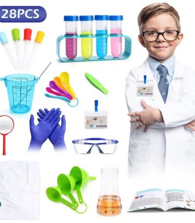 Set med vetenskapligt material för barn som inkluderar pipetter, bägare, skyddsglasögon, handskar, provrör och andra utbildande verktyg för vetenskapliga experiment.