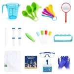 Set med vetenskapliga verktyg för barn som inkluderar en bägare, skedar, pipetter, skyddsglasögon, handskar och tillbehör för roliga vetenskapliga experiment.