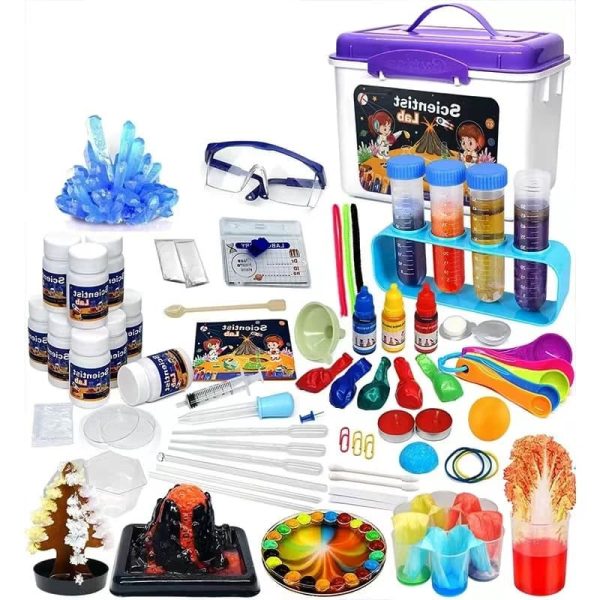 Vetenskapligt kit med laboratorietillbehör och experiment.