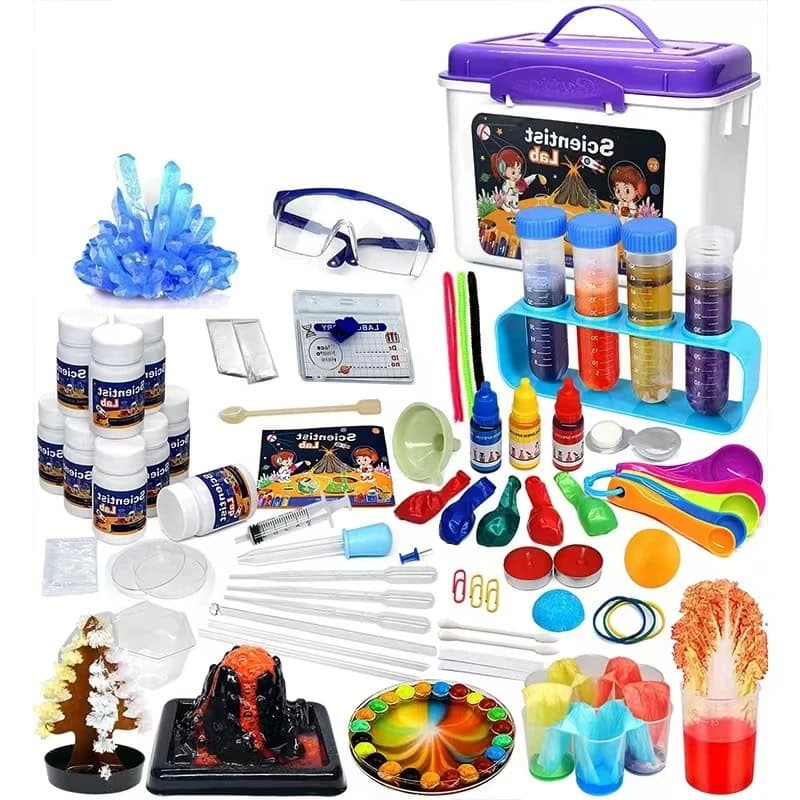 Vetenskapligt kit med laboratorietillbehör och experiment.