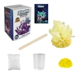Kit för kopparkristaller för DIY vetenskaplig experiment, inklusive en behållare, en blandpinne, en påse pulver, en ångkristall och en kristallställning.