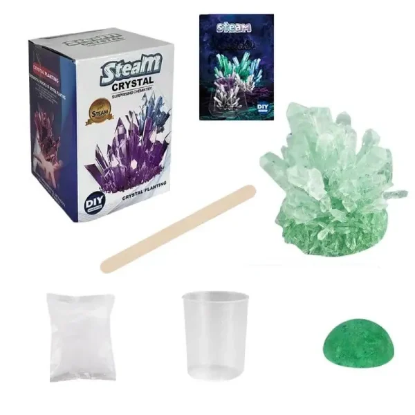 DIY ångkristall för att skapa färgade kvarts kristaller, inklusive ett komplett kit med pinne, pulver, form och instruktioner för att göra dekorativa kristaller.