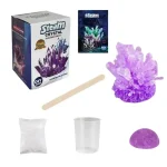 DIY ångkristall med komplett kit för att skapa imponerande lila kristaller, inklusive en behållare, en blandpinne, en påse pulver och en kristallställning.