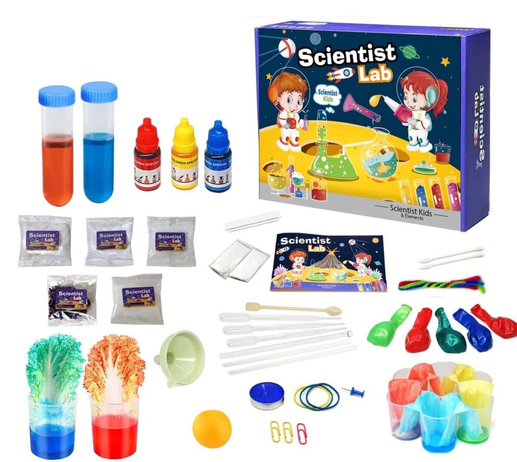 Set med vetenskapliga experiment för barn med tillbehör.