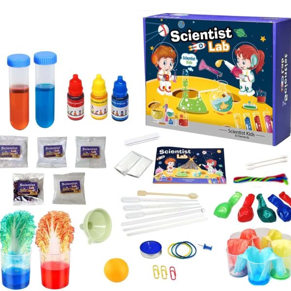 Set med vetenskapliga experiment för barn med tillbehör.
