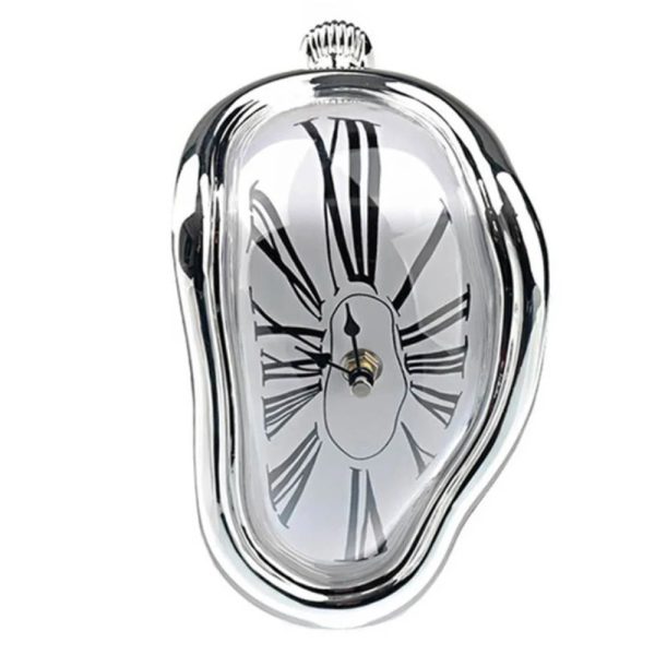 Konstnärlig klocka i blåst glas med deformerad romersk urtavla, modern och originaldesign, perfekt för vetenskaplig eller samtida dekoration.
