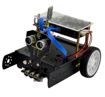 Programmerbar utbildningsrobot med sensorer och mikrokontroller för lärande av robotik och programmering.