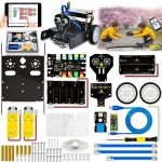 Utbildningsrobotikset för barn med elektroniska komponenter, sensorer, motorer och fjärrkontroll för att lära sig programmering och robotik.