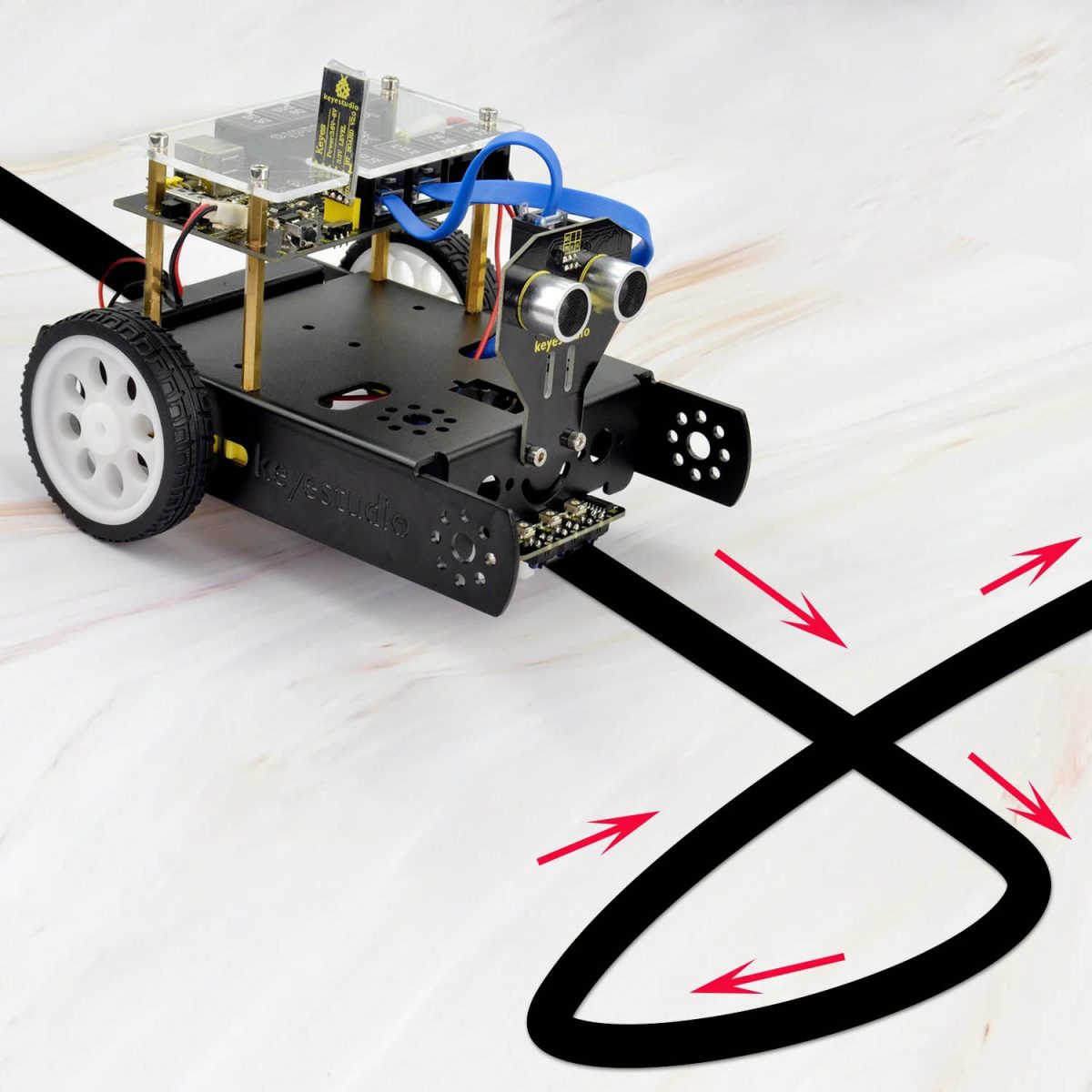 Programmerbar utbildningsrobot med sensorer och hjul för lärande av robotik och programmering.