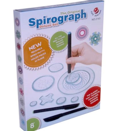 Utbildningsspel Spirograph Deluxe med återanvändbara delar, pennor och mallar för att skapa komplexa geometriska mönster, idealiskt för vetenskaps- och dekorationentusiaster.