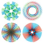 Illustration av fyra färgglada geometriska mönster i spiral, som använder tunna linjer i grönt, blått, rött och svart, som skapar symmetriska och hypnotiska former.