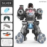 Humanoid robot med LED-lampor, högtalare och terränghjul, fjärrstyrd via fjärrkontroll, idealisk för teknikentusiaster och vetenskaplig dekoration.