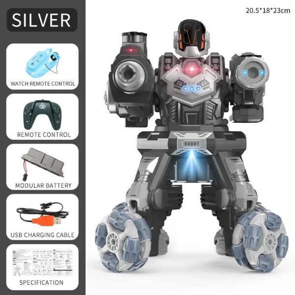 Humanoid robot med LED-lampor, högtalare och terränghjul, fjärrstyrd via fjärrkontroll, idealisk för teknikentusiaster och vetenskaplig dekoration.