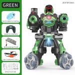 Fjärrstyrd robot i grönt och svart med LED-lampor, fjärrkontroll, modulär batteri och USB-laddningskabel, idealisk för unga vetenskaps- och teknikentusiaster.