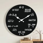 Väggklocka med design med siffror och matematiska formler, originaldekoration för ett vetenskapligt eller pedagogiskt utrymme.