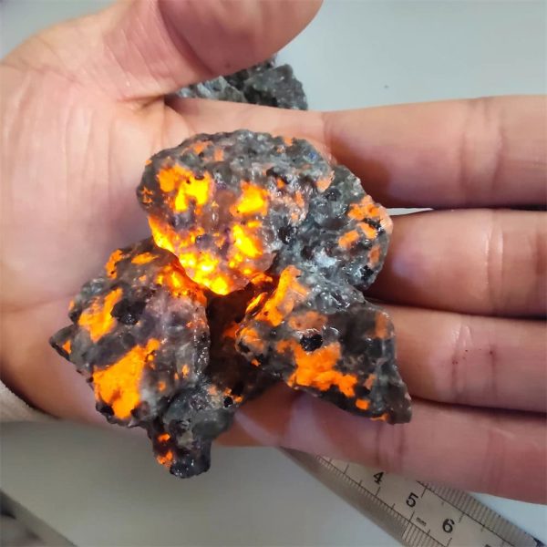 Meteorit med svart yta och ljusa orange fläckar, belyst av ett internt ljus, hålls i en mänsklig hand för att visa sin storlek.