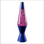 Dekorativ lampa i form av en vindrutetorkare med en kropp av mörkblå plast och en transparent behållare fylld med glittrande rosa glitter, idealisk för dekoration.