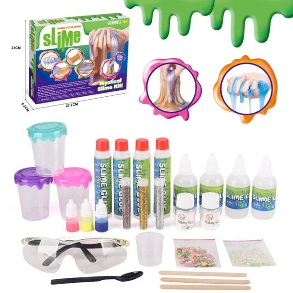 Slime-tillverkningskit med färgglada tillbehör, limflaskor, glitter och verktyg för att skapa mystiska och färgglada slimes.