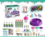 DIY slime-tillverkningskit med tillbehör och färgämnen.
