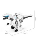 T-Rex dinosauriemodell i vit vetenskapsrobot med svarta och blå detaljer, 26 cm hög, 71 cm lång och 19 cm bred, perfekt för pedagogisk dekoration.
