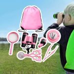 Observationskit för barn med kikare, förstoringsglas, sax, förvaringsväska och andra utbildningsverktyg.