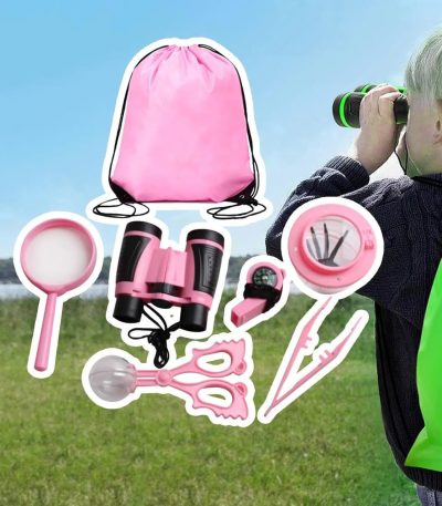 Observationskit för barn med kikare, förstoringsglas, sax, förvaringsväska och andra utbildningsverktyg.