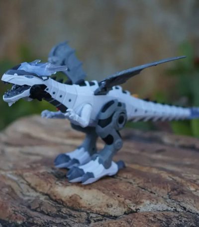 Vit och grå robot-T-Rex i plast, mekanisk dinosauriemodell med led, perfekt för vetenskaplig dekoration eller för samlare av pedagogiska leksaker.
