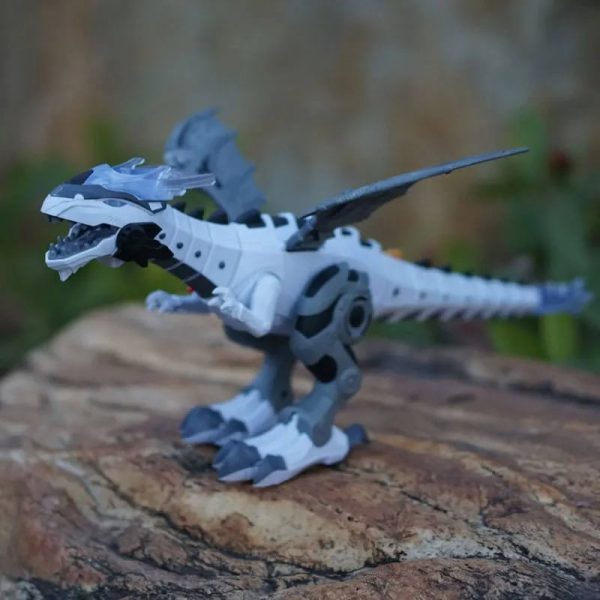 Vit och grå robot-T-Rex i plast, mekanisk dinosauriemodell med led, perfekt för vetenskaplig dekoration eller för samlare av pedagogiska leksaker.