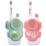 Två barnhörlurar i form av walkie-talkies, en grön och en rosa, med söta mönster av sköldpadda och kanin, utformade för lekfull och pedagogisk användning.